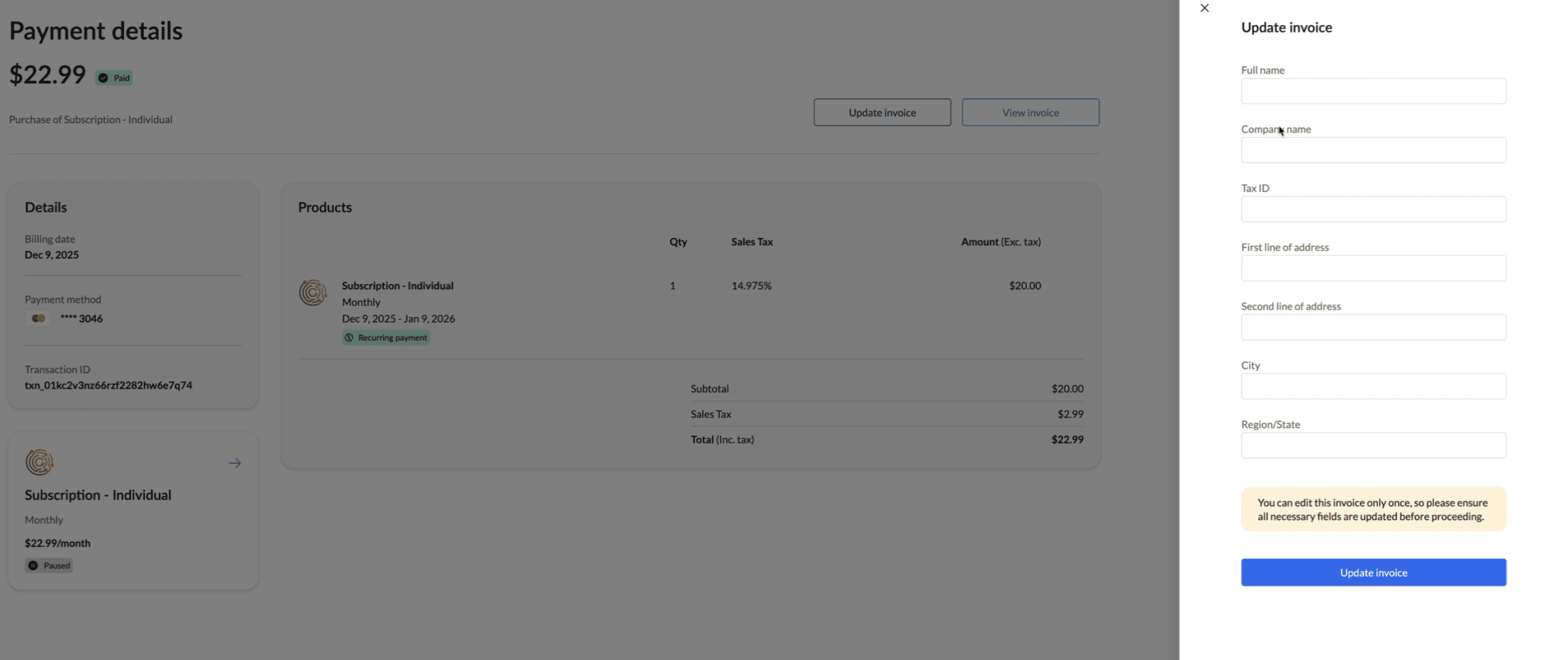 Update invoice information